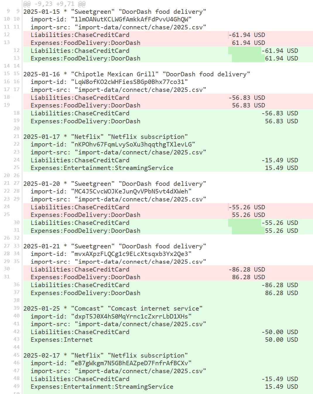 Git diff shows Comcast and Netflix transactions are added into the main.bean file