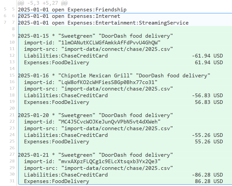 Git diff shows new transaction lines added to our main.bean Beancount file