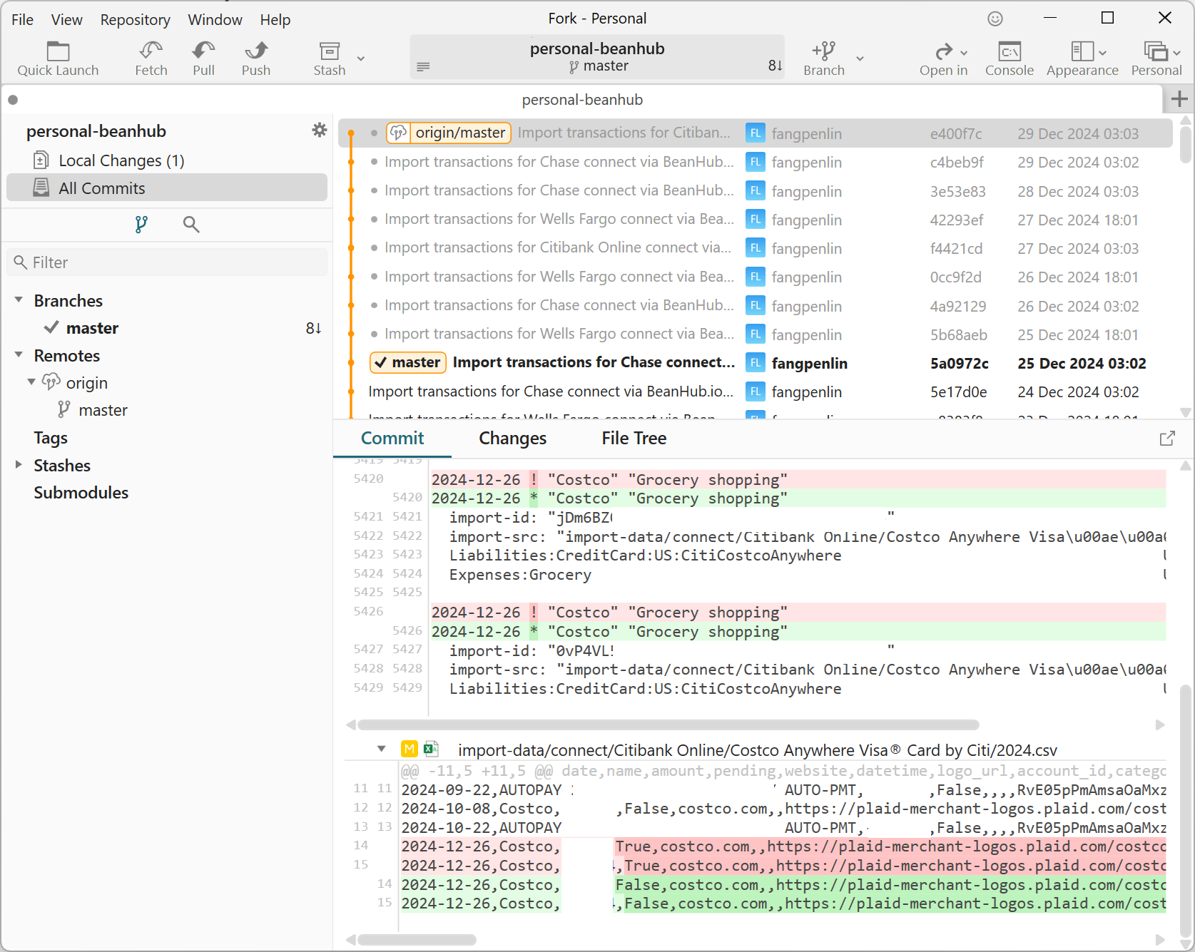 Git diff shows Beancount transactions become confirmed when bank account transactions become confirmed