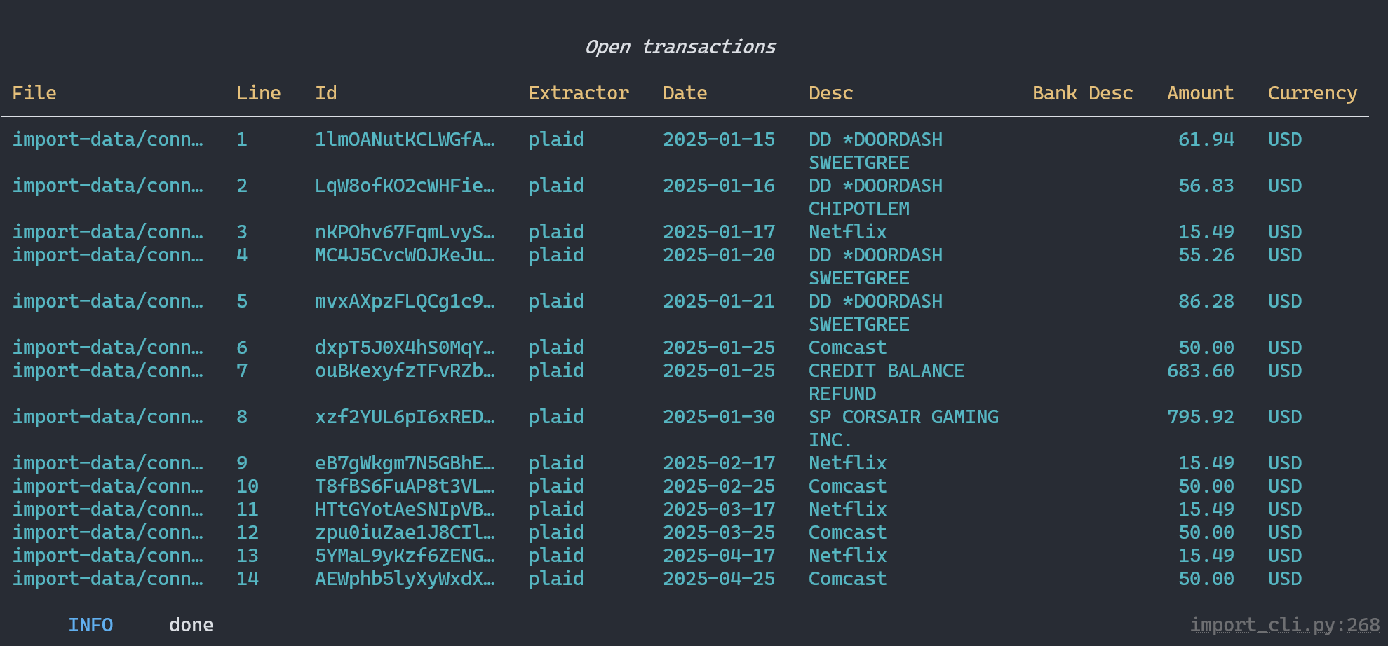 The output from bh import command shows many transactions in the Open transactions section