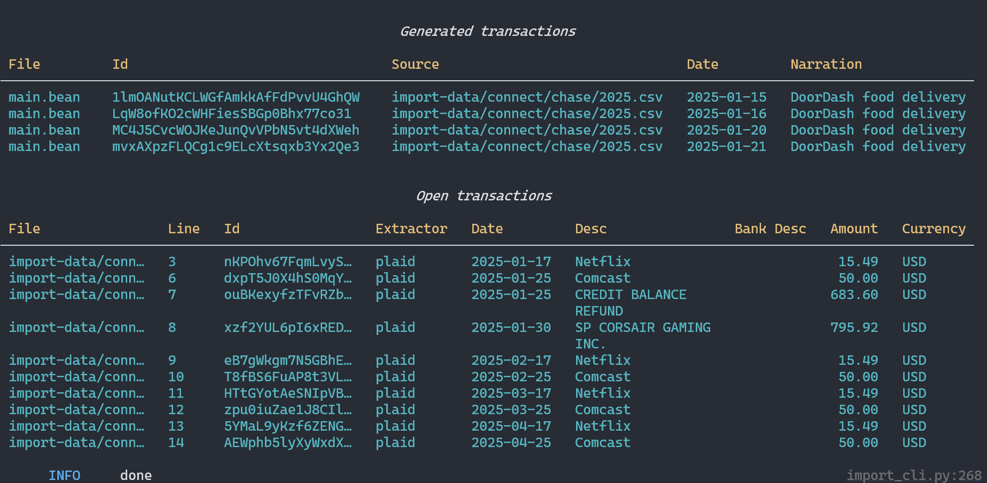 The output from bh import command shows DoorDash transactions appear in the Generated transactions section and the others are in the Open transactions section