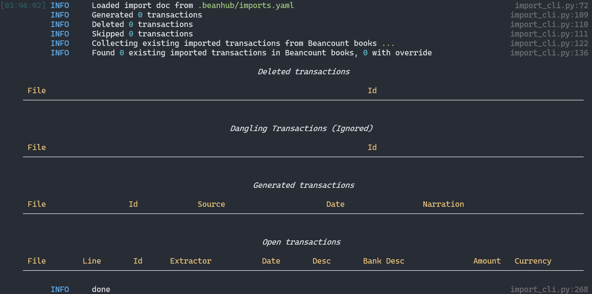 The output from bh import command shows nothing matched nothing generated