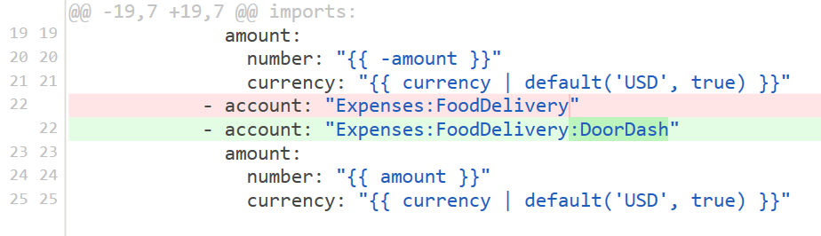 Git diff shows that we change the Beancount account name from Expenses:FoodDelivery in the import rules to Expenses:FoodDelivery:DoorDash