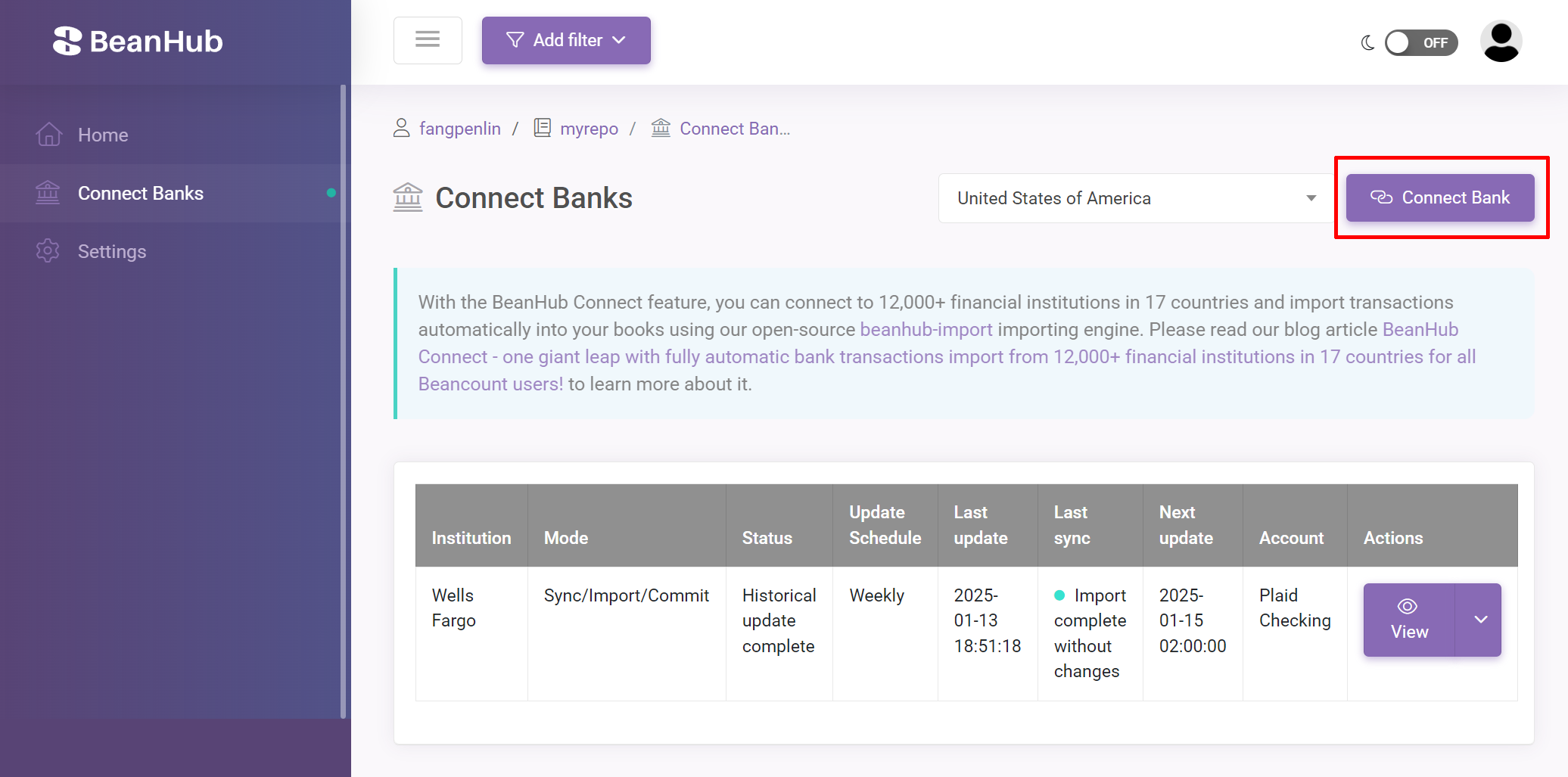 Screenshot of connected banks page